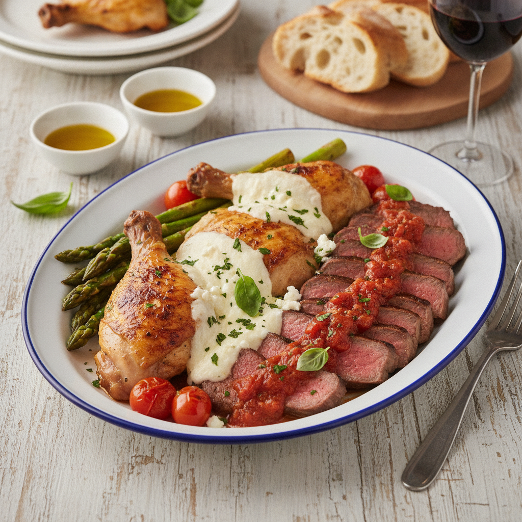 Ayam dan Daging Panggang Mediterania dengan Asparagus dan Keju Leleh